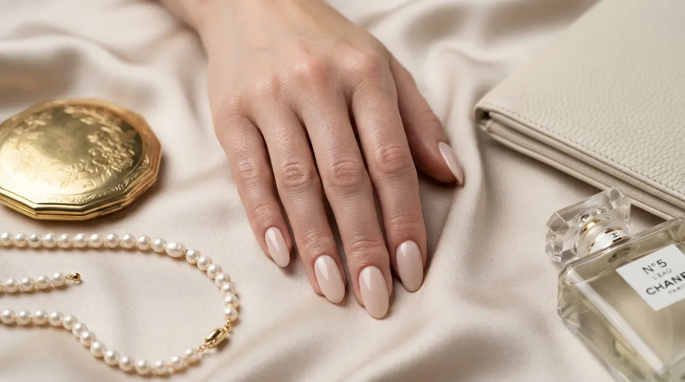 Long oval nails covered in soft champagne satin chrome polish