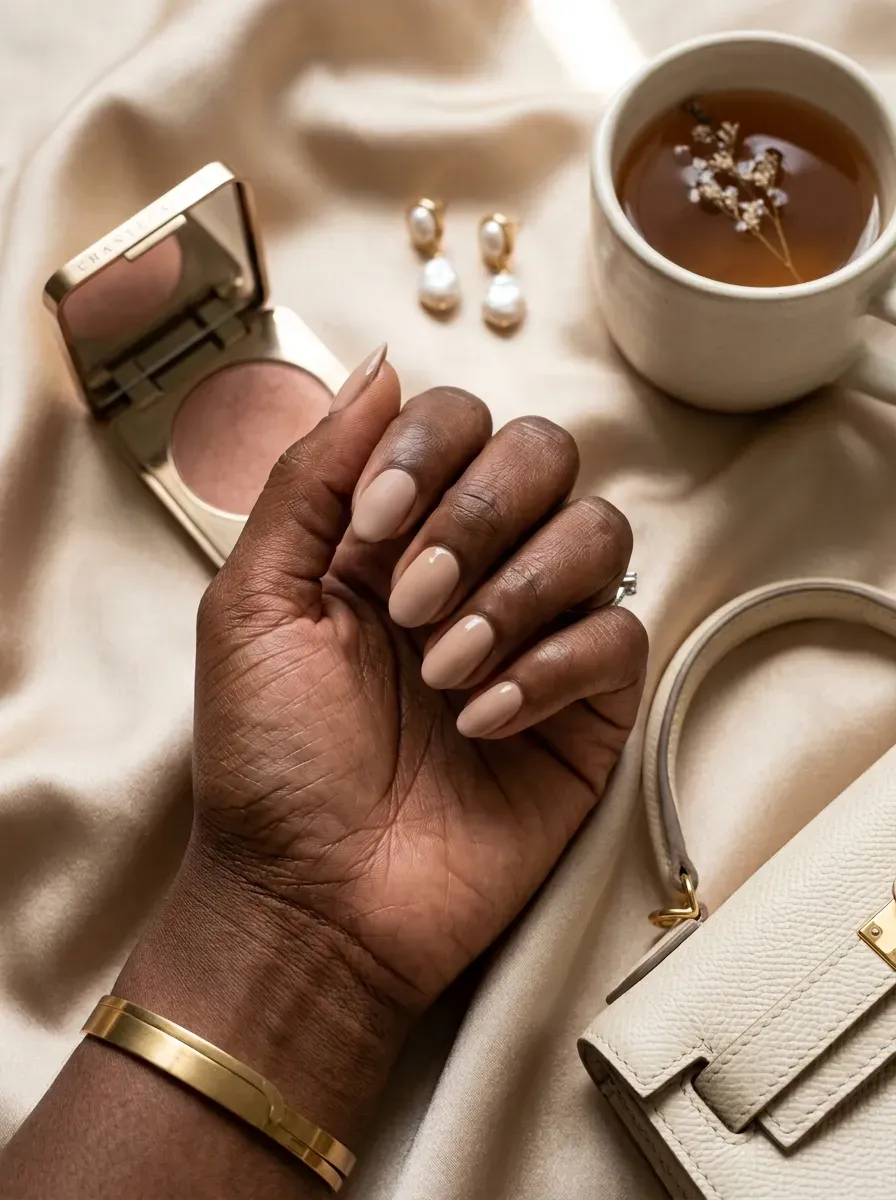 Satin nude French tips over sheer beige nails on deep brown skin