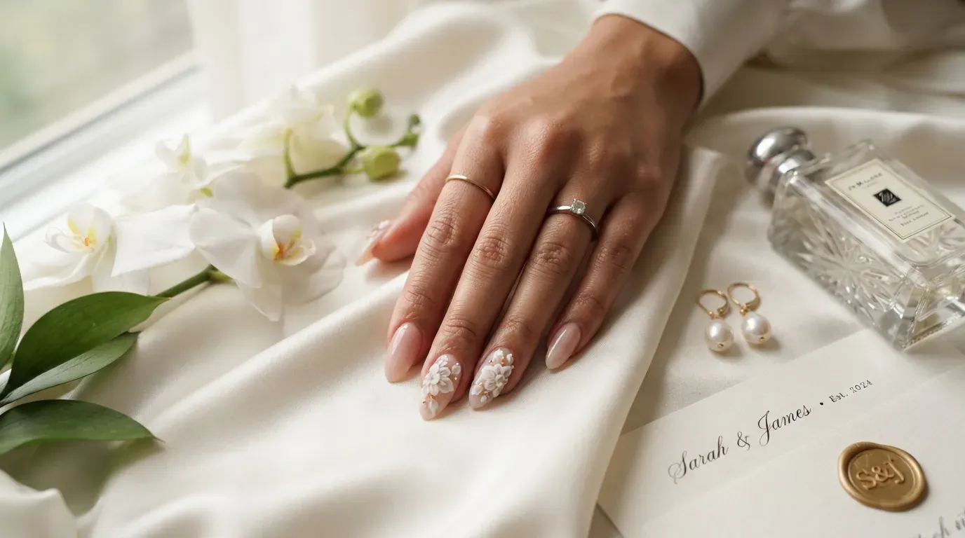 Long nude almond nails with raised white orchid accent flowers