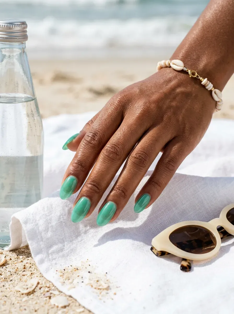 Translucent seafoam green jelly nails on oval shape with warm skin