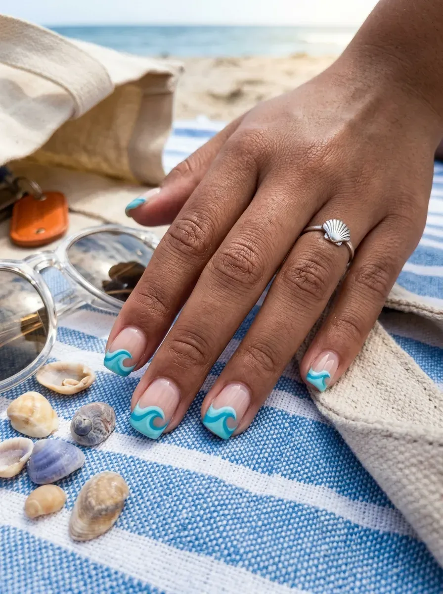 Short nude nails with curved seafoam blue wave tips