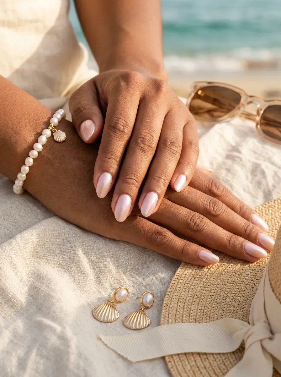 Seashell pink pearl nails on warm brown skin with beach accessories