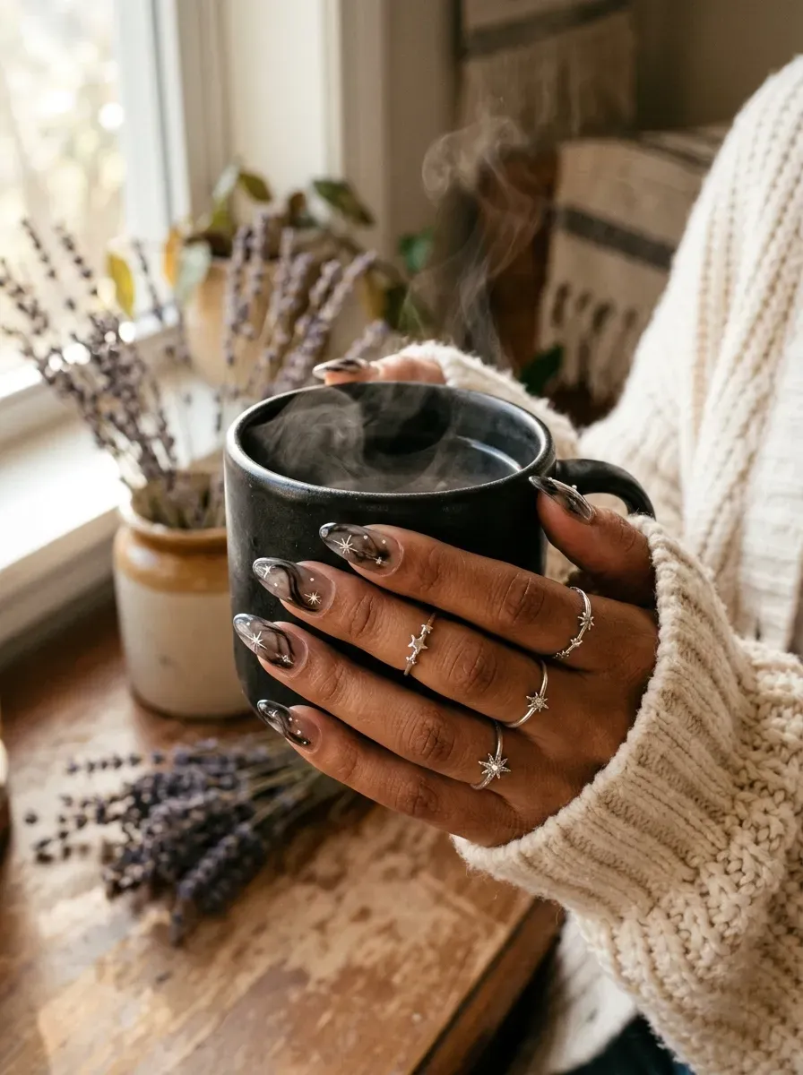 Almond nails with smoky sheer black design and tiny silver foil stars