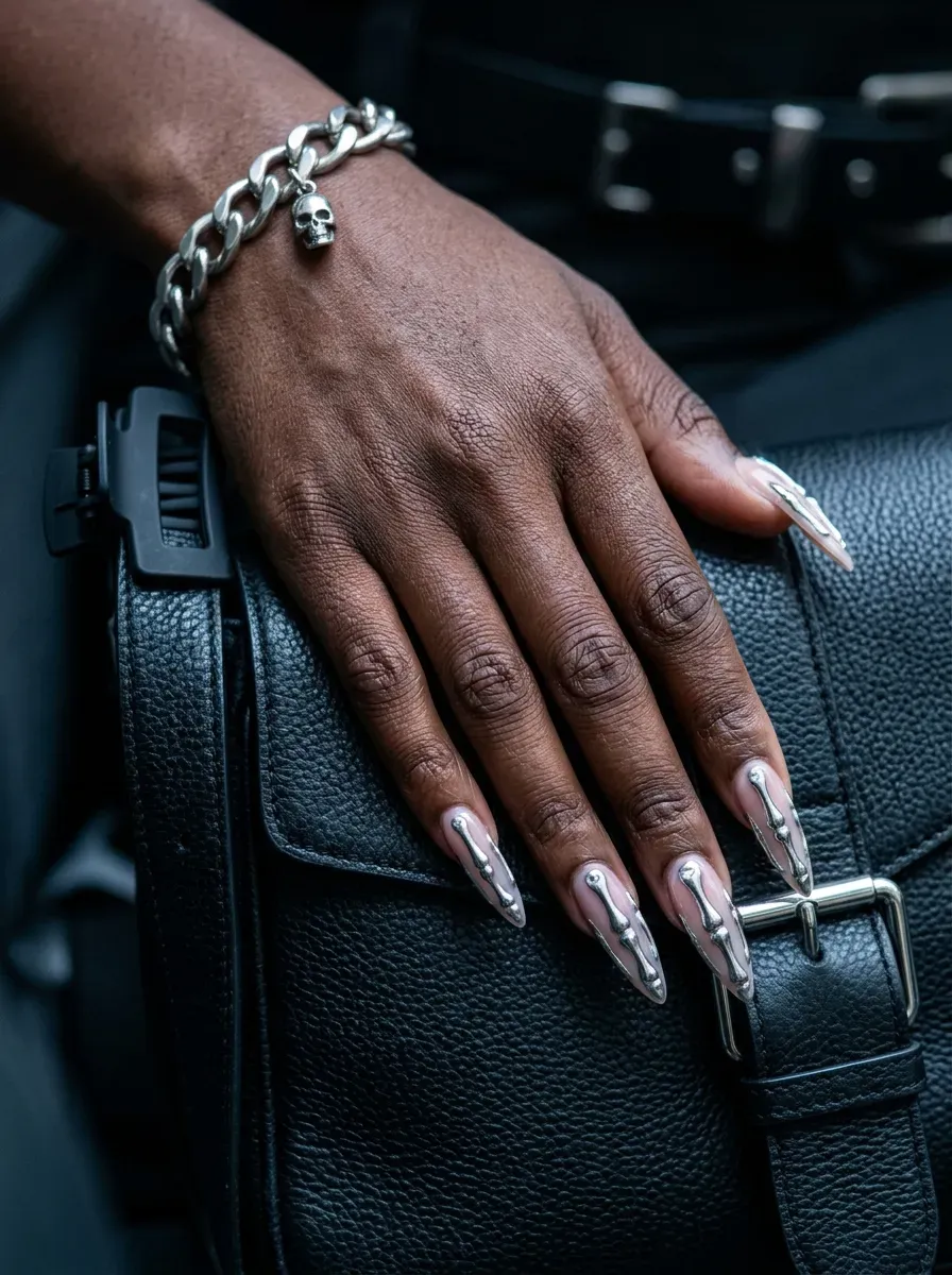 Sheer blush nails with 3D raised silver chrome skeleton finger bones