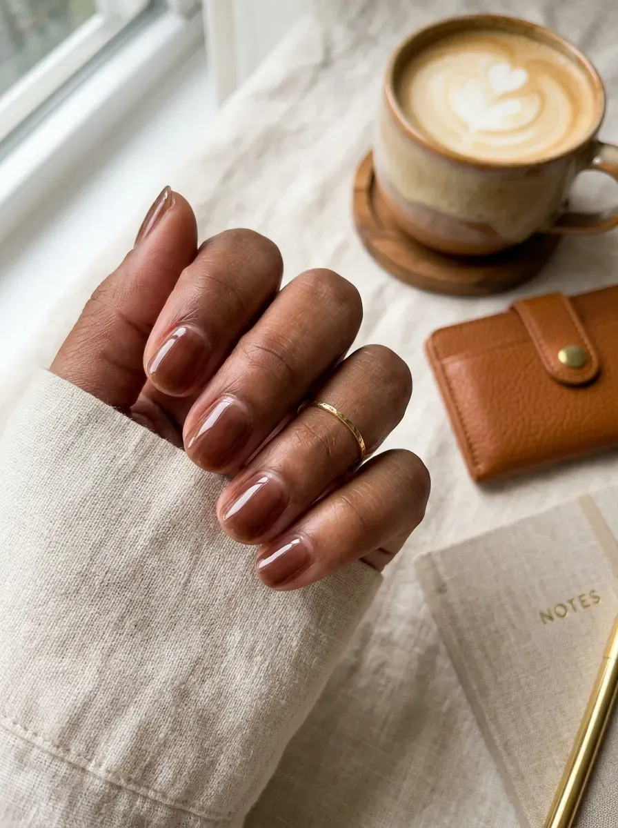 Translucent cocoa jelly nails on brown skin with caramel and gold styling