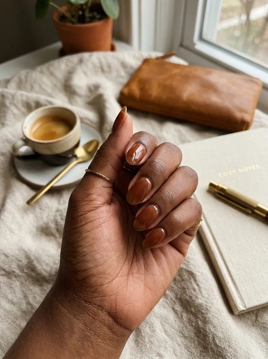 Translucent latte brown nails on rich dark skin with coffee styling