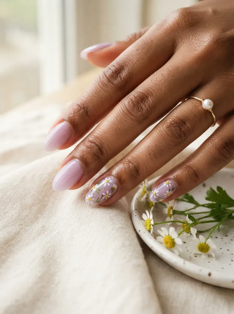 Sheer lavender almond nails decorated with tiny white daisies and green leaves