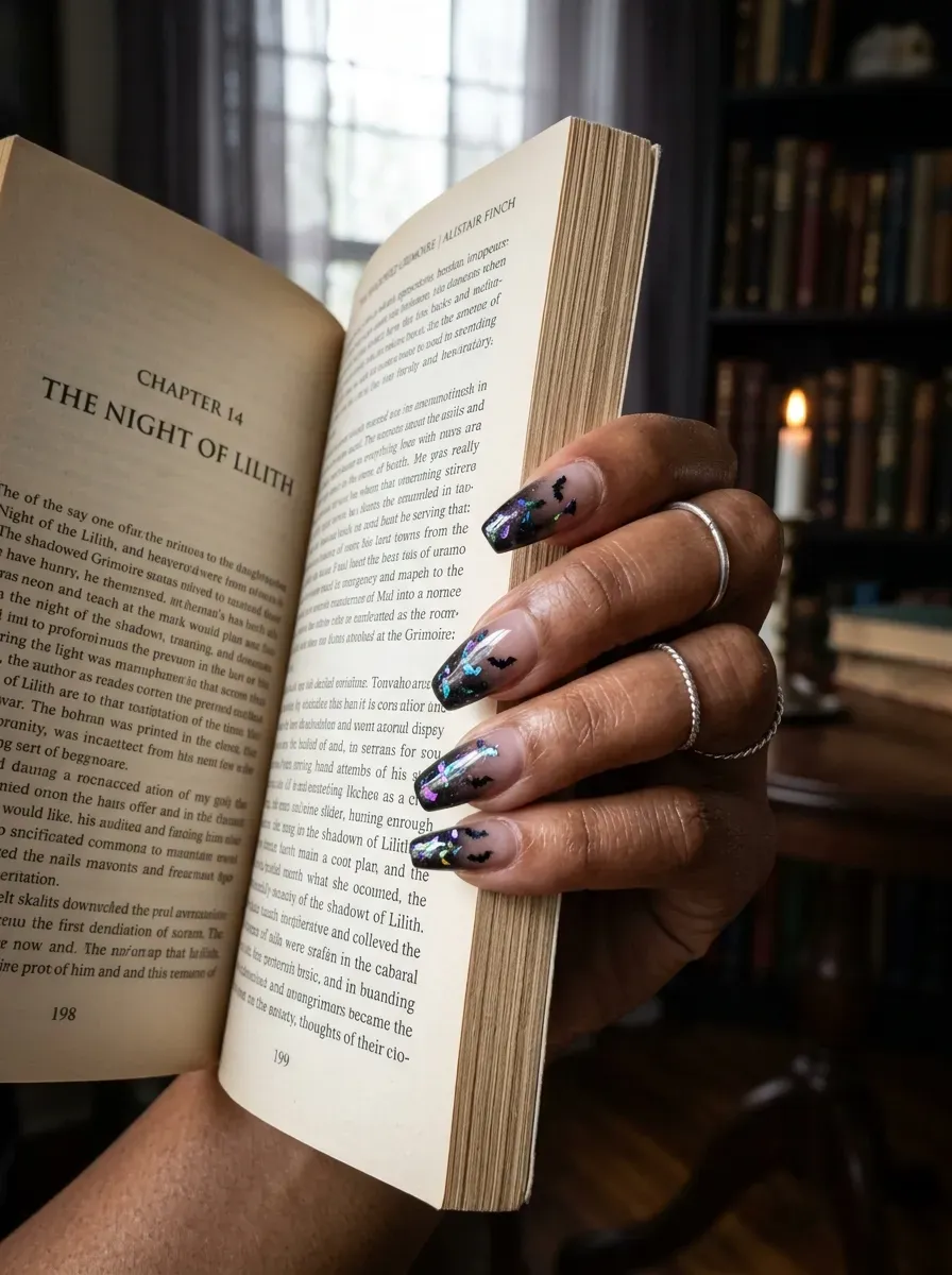 Nude to black ombre nails adorned with shiny iridescent bat glitters