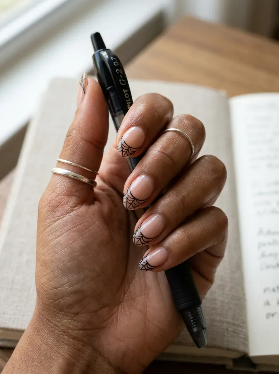 Sheer nude nails with delicate black spiderwebs painted on tips