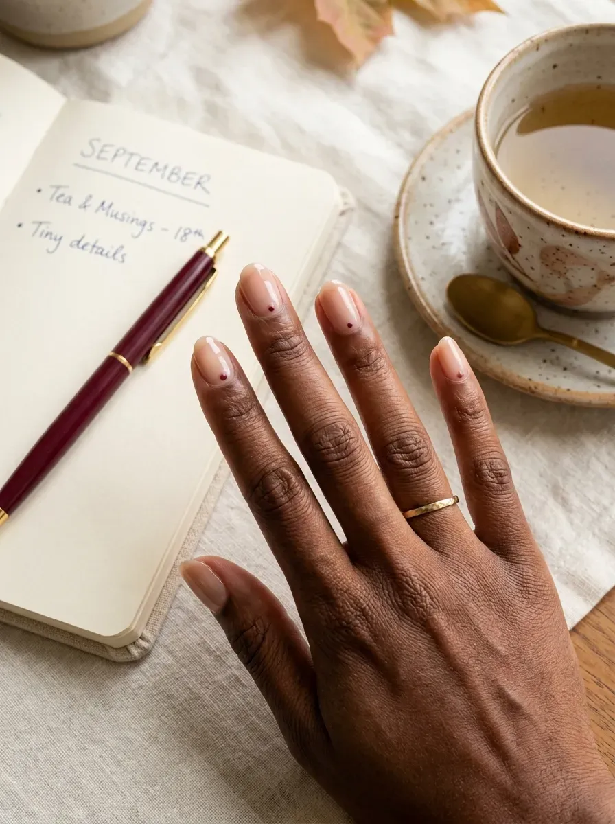 Short sheer nude nails with tiny burgundy dots near cuticles