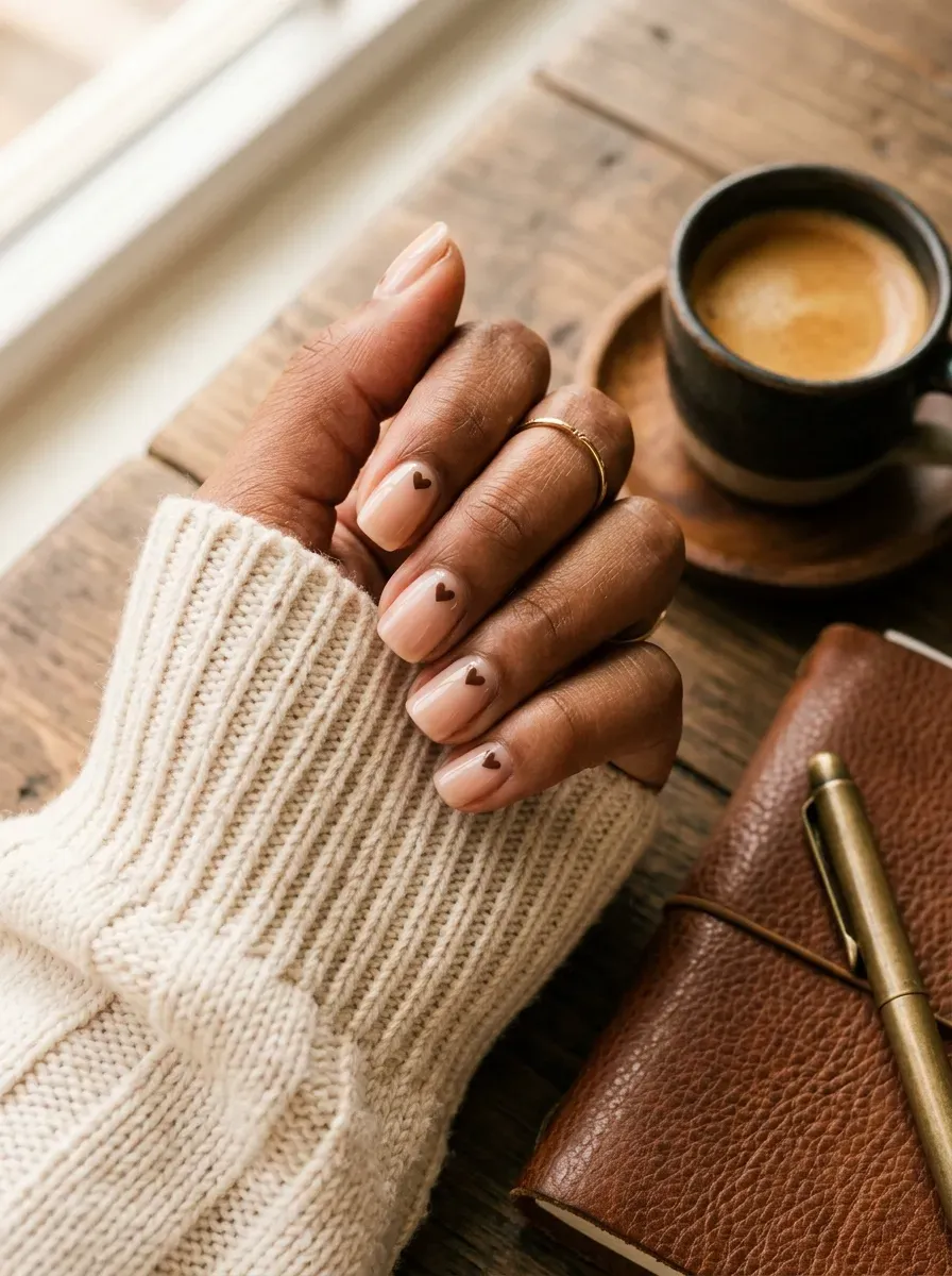 Short nude nails with tiny chocolate hearts on warm brown skin