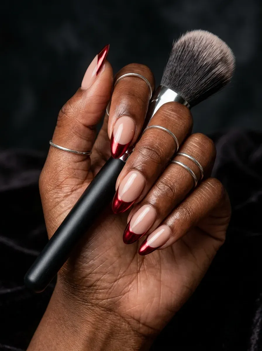 Nude gel nails featuring metallic red chrome French tip smile lines