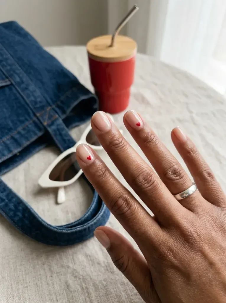 Short nude nails with tiny red hearts on brown skin