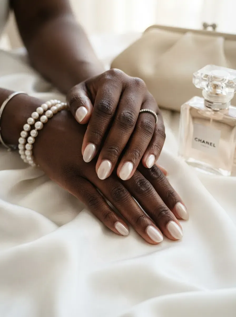 Sheer pearl oval nails on dark skin with white satin and jewelry