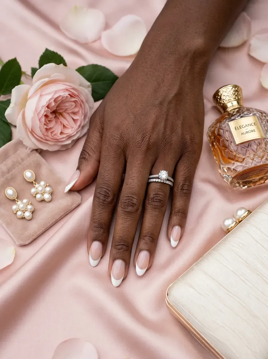 Classic white French tips over sheer pink almond nails on brown skin