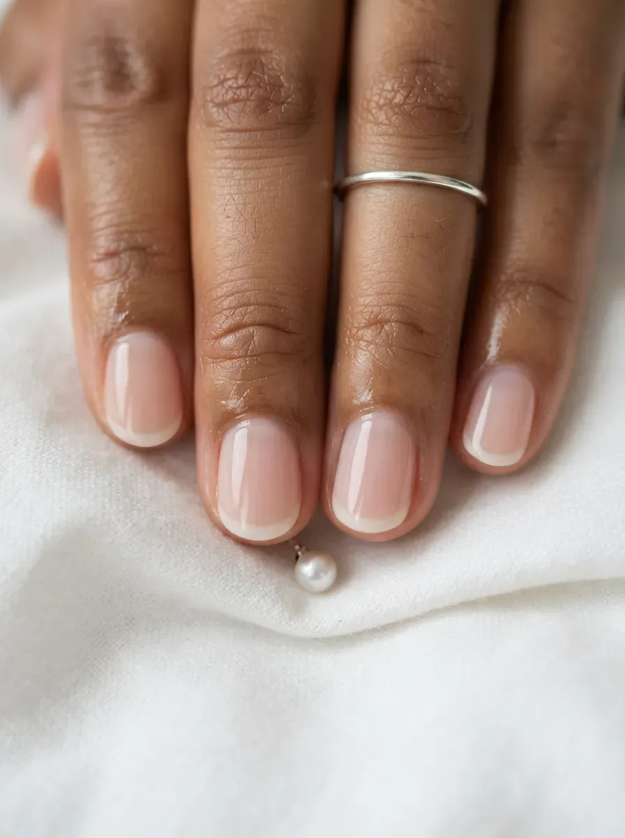 Sheer pink glossy nails on brown skin with clean neutral accessories