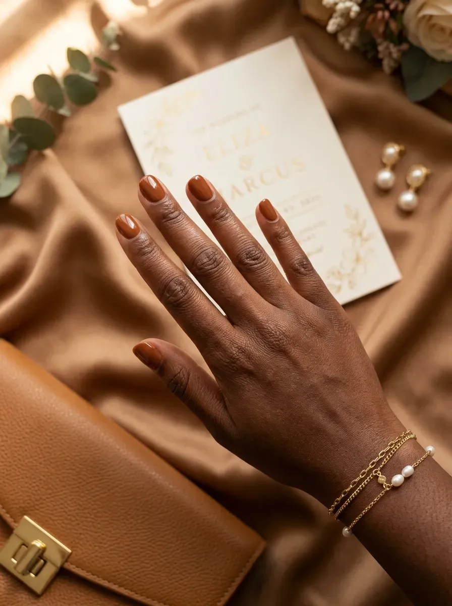 Sheer pink nails with tiny gold flecks on deep brown skin