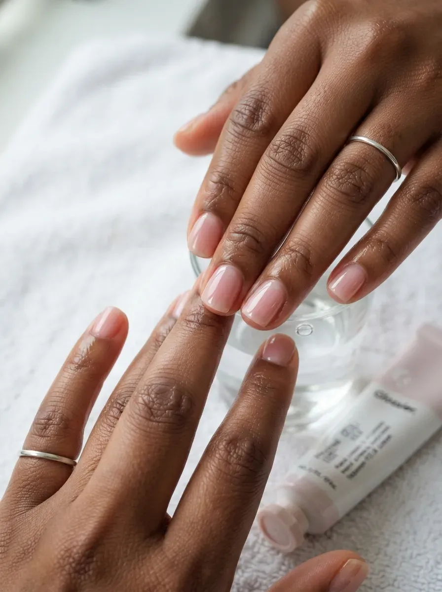 Natural short nails coated in sheer glossy pink on brown skin