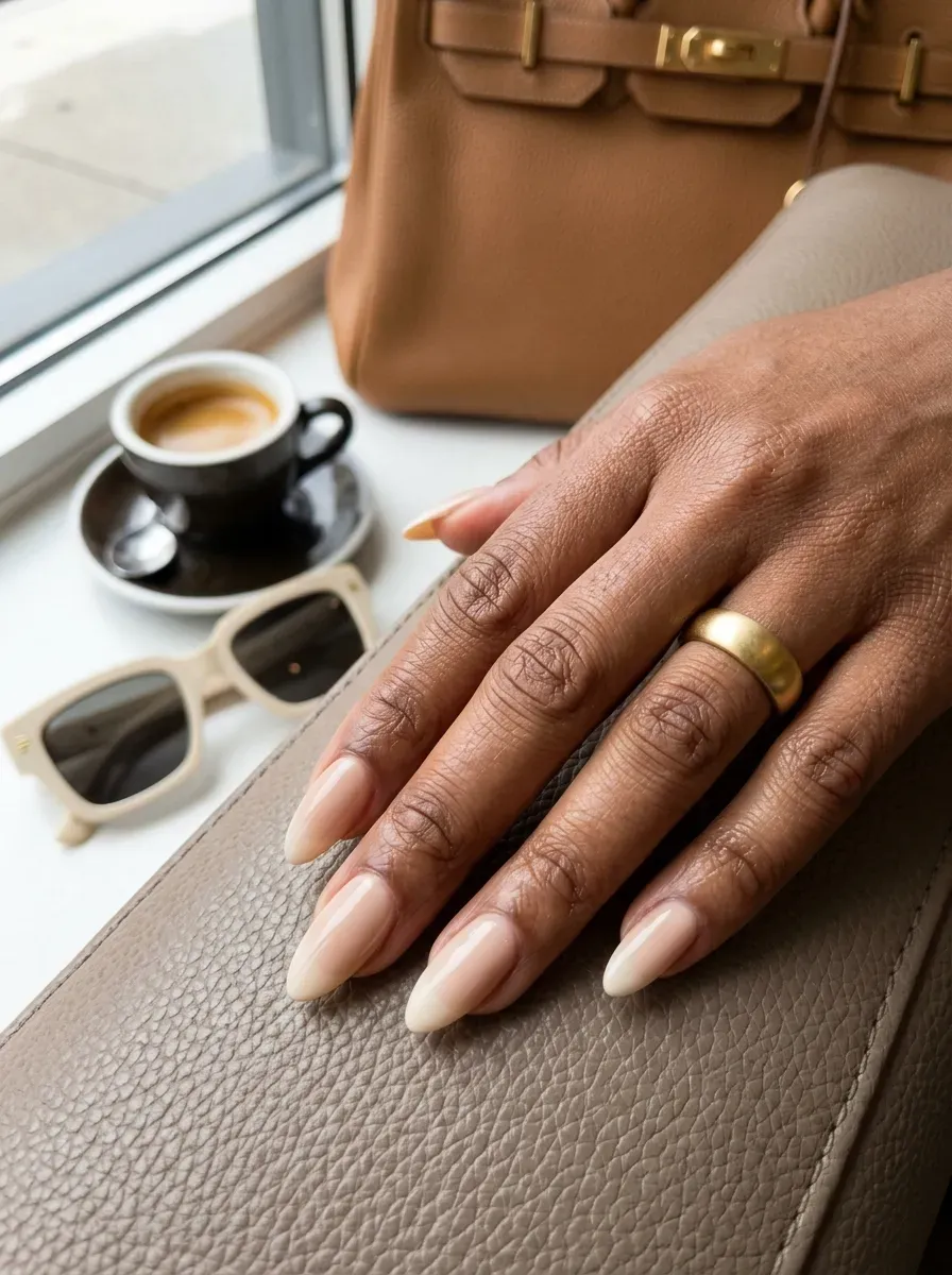 Long oval nails with sheer pink base and clean white tips