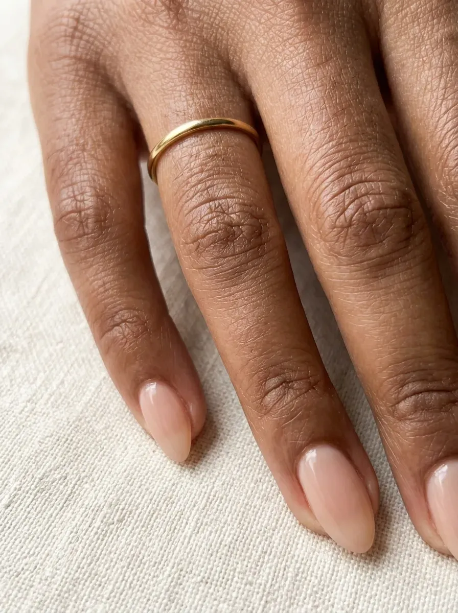 Short almond nails with sheer pink base and fine white tips