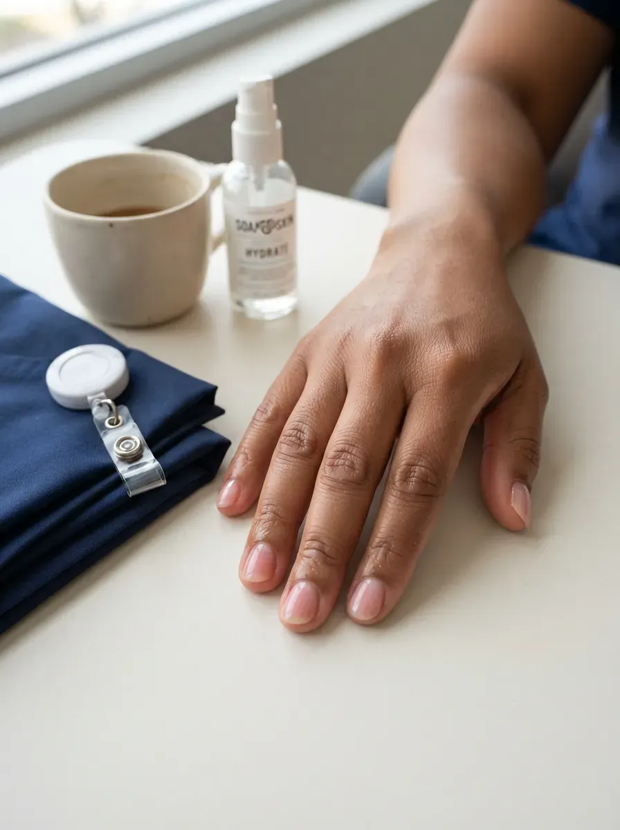 Short rounded nails with sheer pink polish and glossy soap like finish