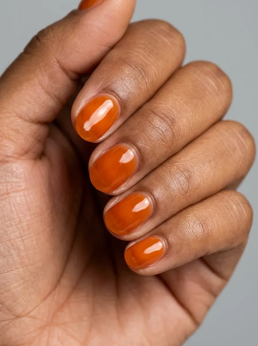 Short oval nails with translucent pumpkin orange jelly gel finish on brown skin