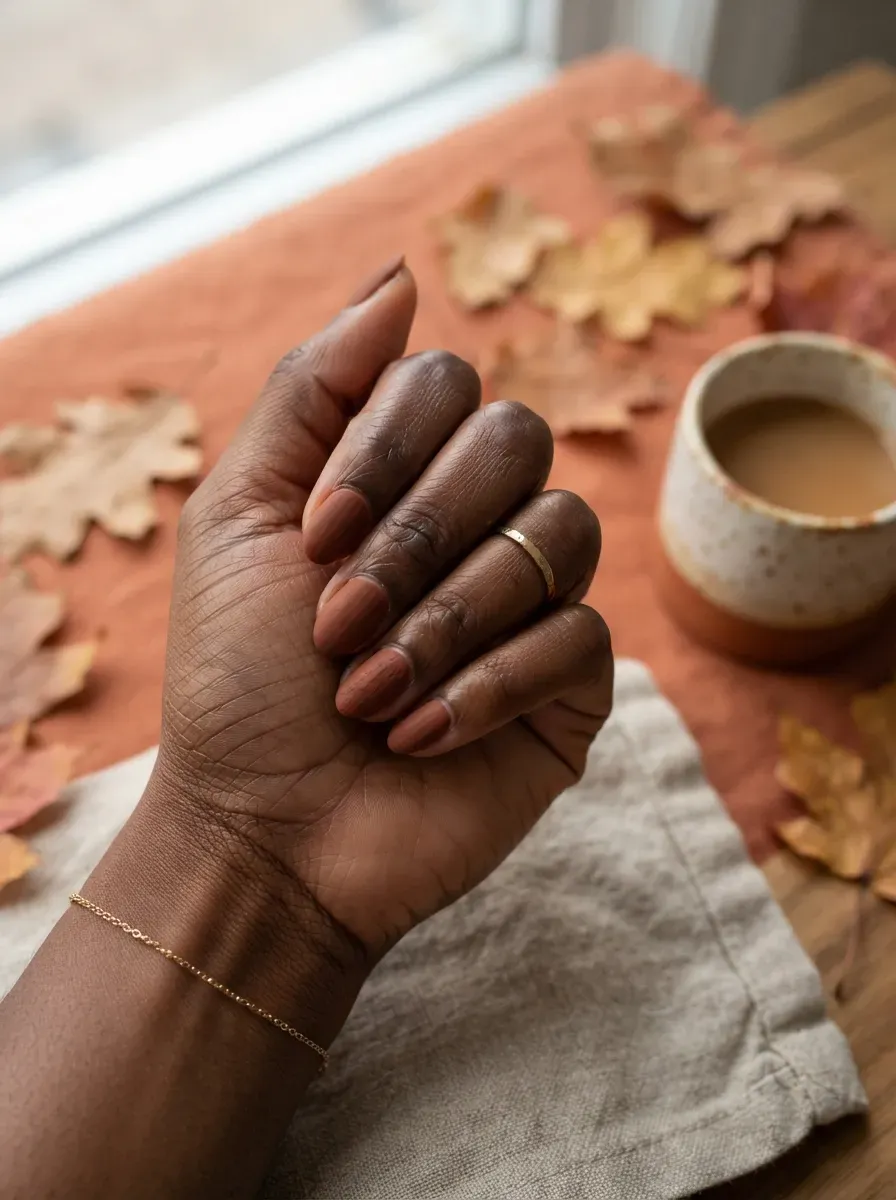 Short almond nails in a matte rust brown polish on rich dark skin tone
