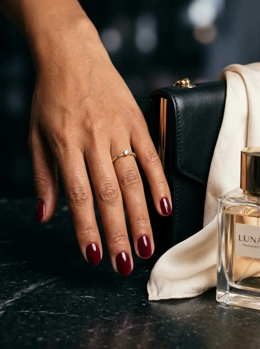 Short oval nails coated in rich glossy burgundy cream polish