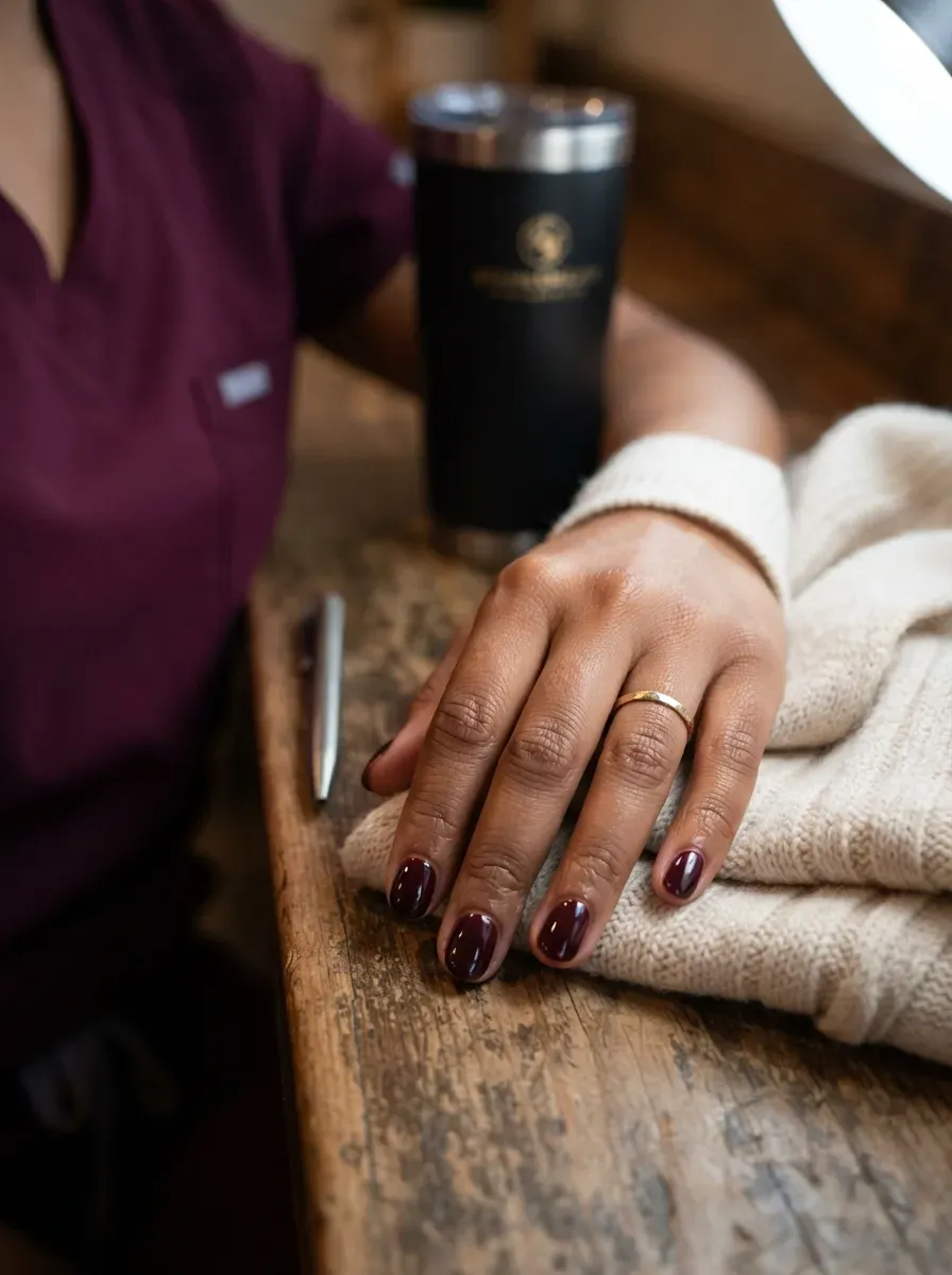 Short oval nails coated in smooth glossy burgundy cream polish