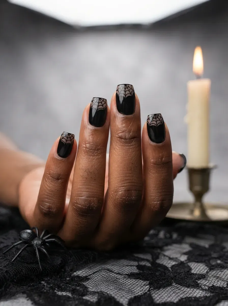 Short coffin shaped nails with a thin black spiderweb painted across the tip on deep brown skin