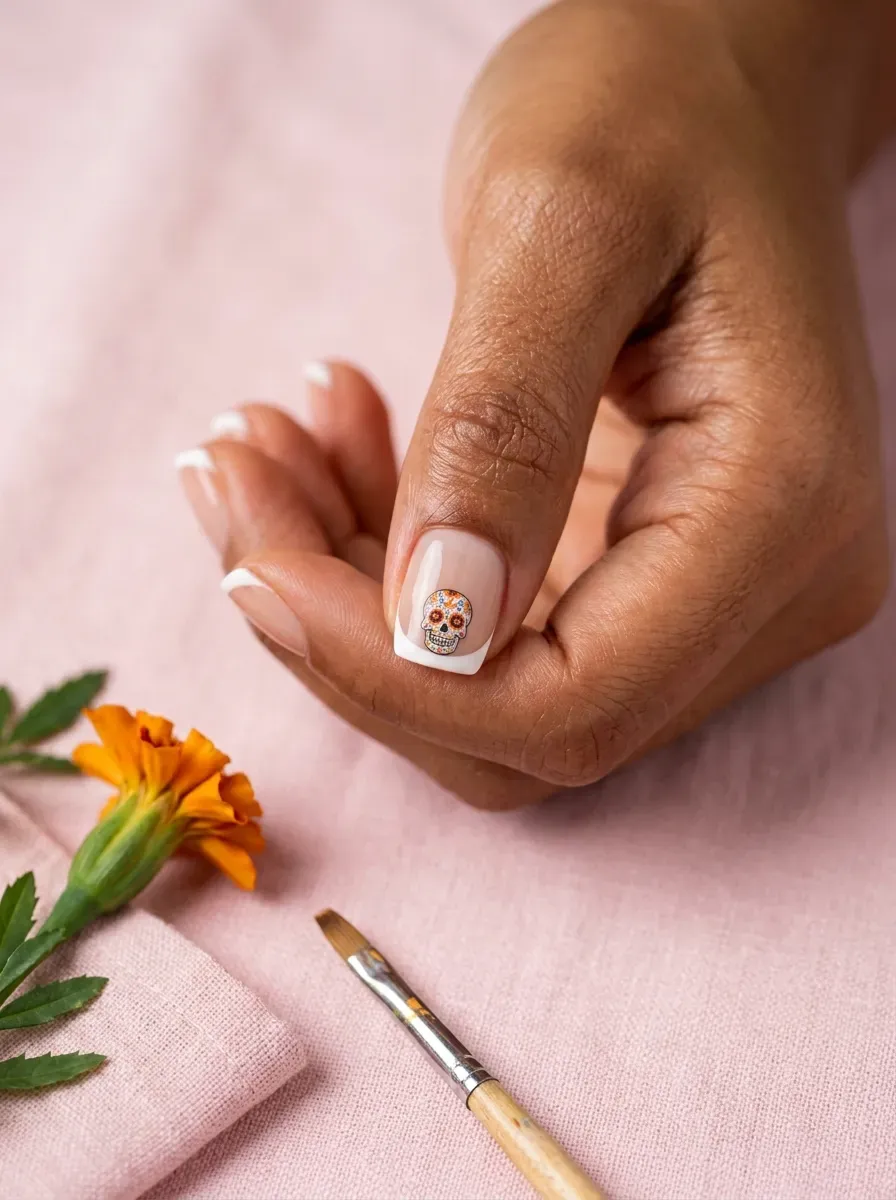 Short square nails with a small sugar skull painted only at the white tip on warm brown skin