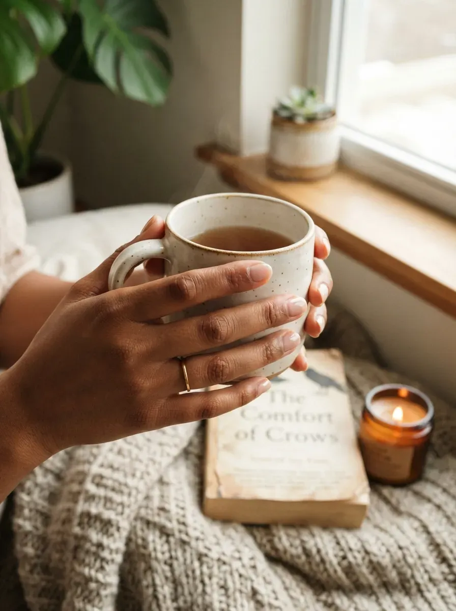 Short round nails with fine white French tips on warm brown hands