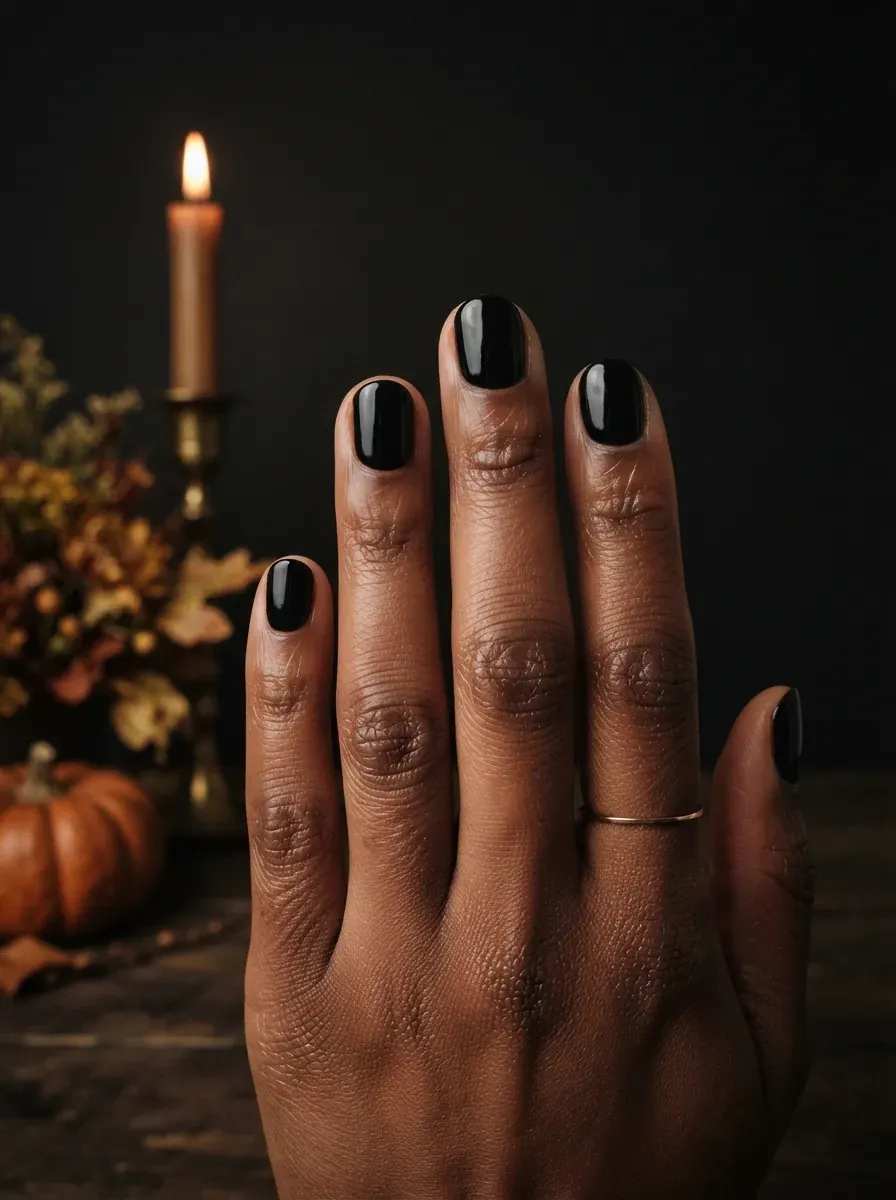 Short round nails in a glossy solid black finish on rich dark skin tone