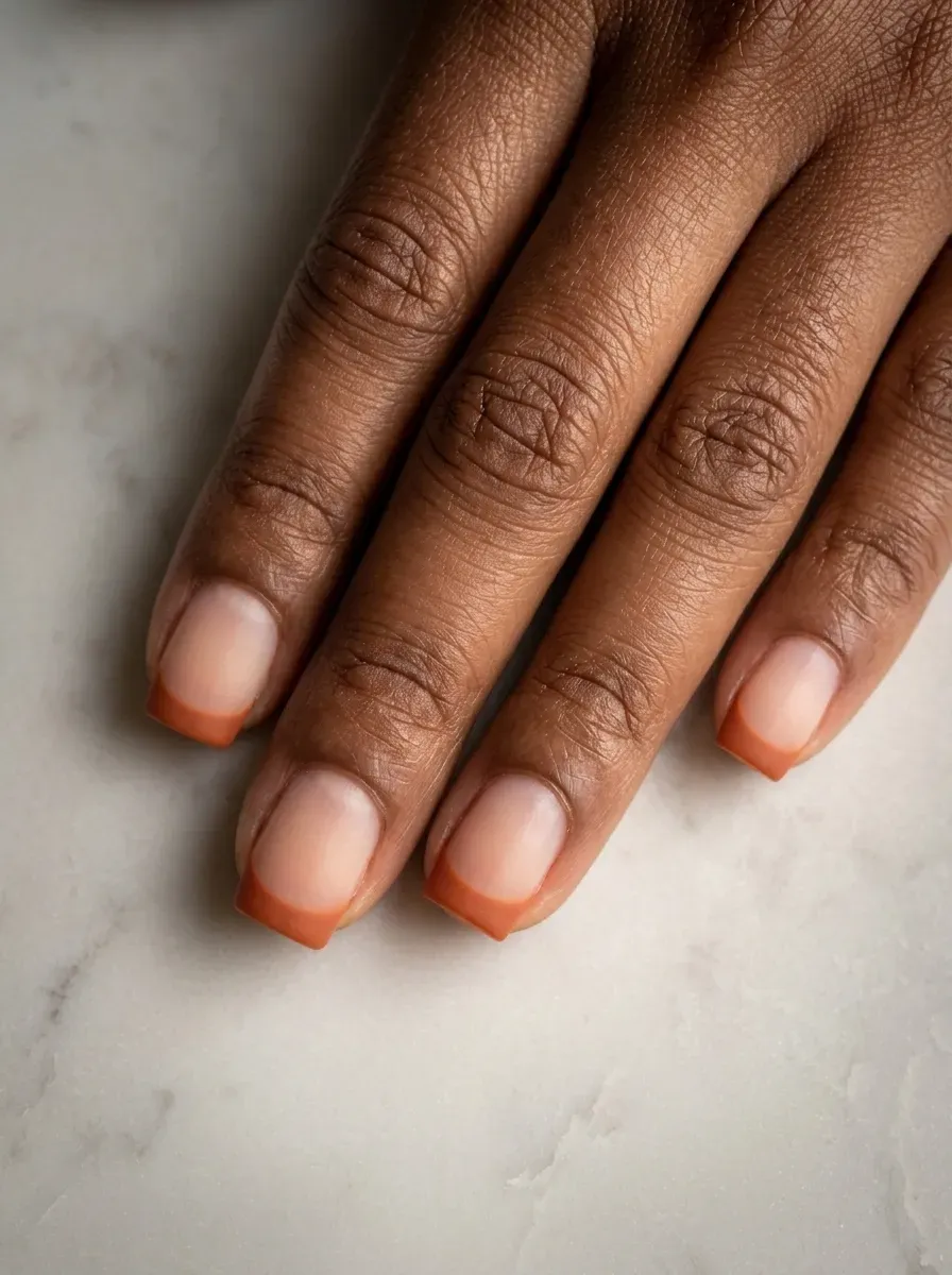 Short square-shaped nails with a crisp burnt orange French tip