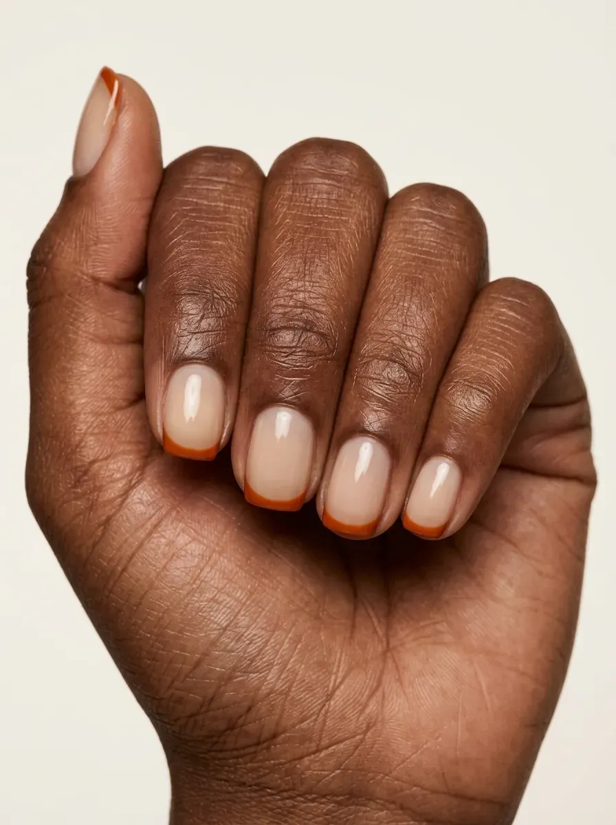 Short squoval nails with neat burnt orange French tips over nude base