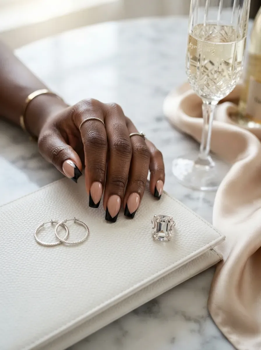 Deep diagonal side French tips on square nude nails with dark skin