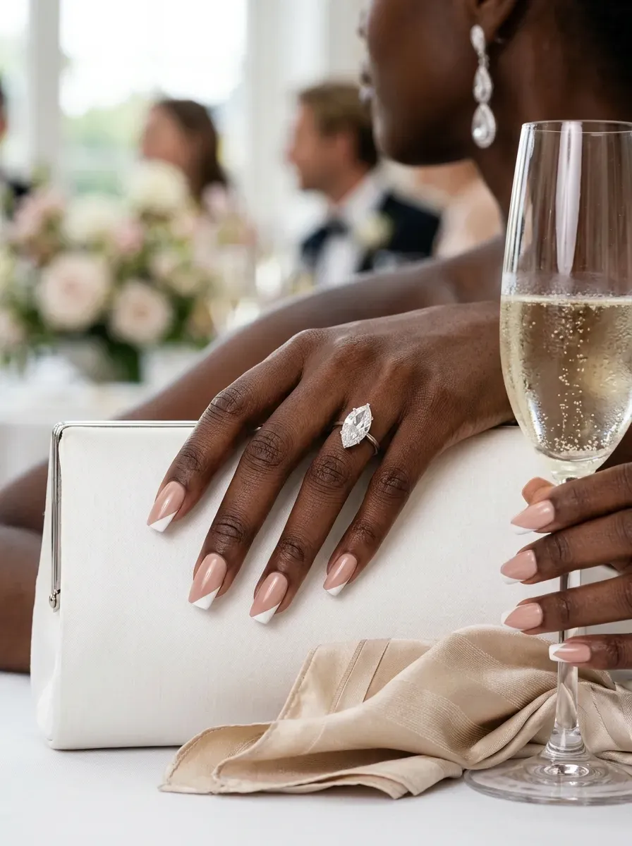 Diagonal white side French tips on square nude nails with dark skin