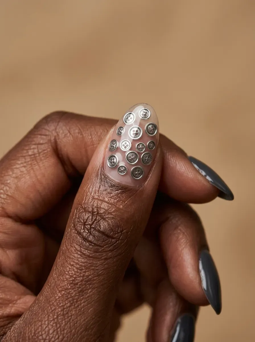 Small silver button-shaped charms placed on an accent nail