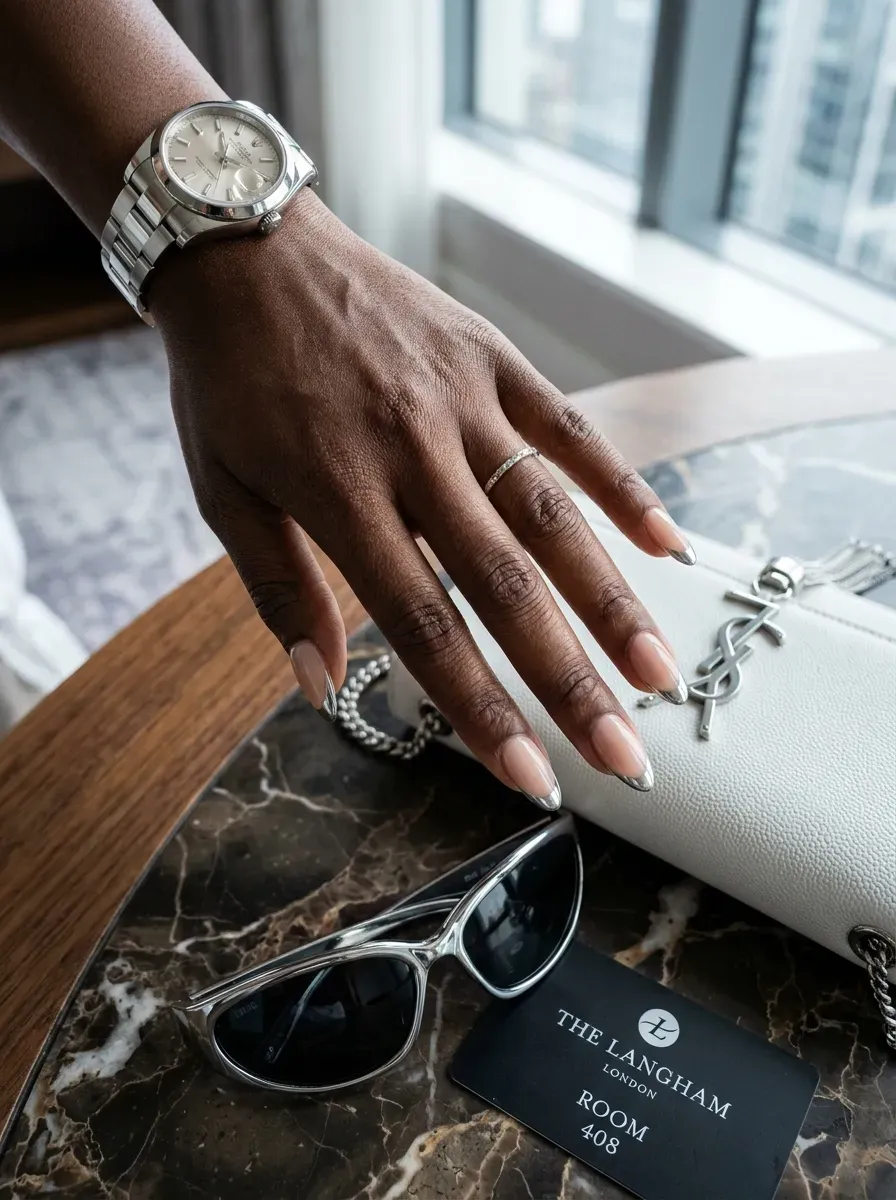 Nude nails with silver chrome tips on rich dark skin