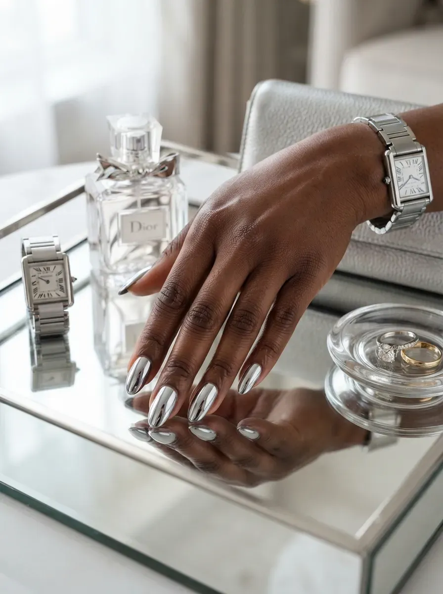 Reflective silver chrome French tips on almond nails over deep chestnut skin