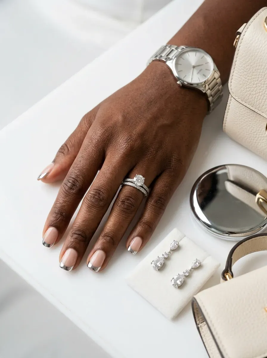 Thin silver chrome French tips on short square nails over dark skin