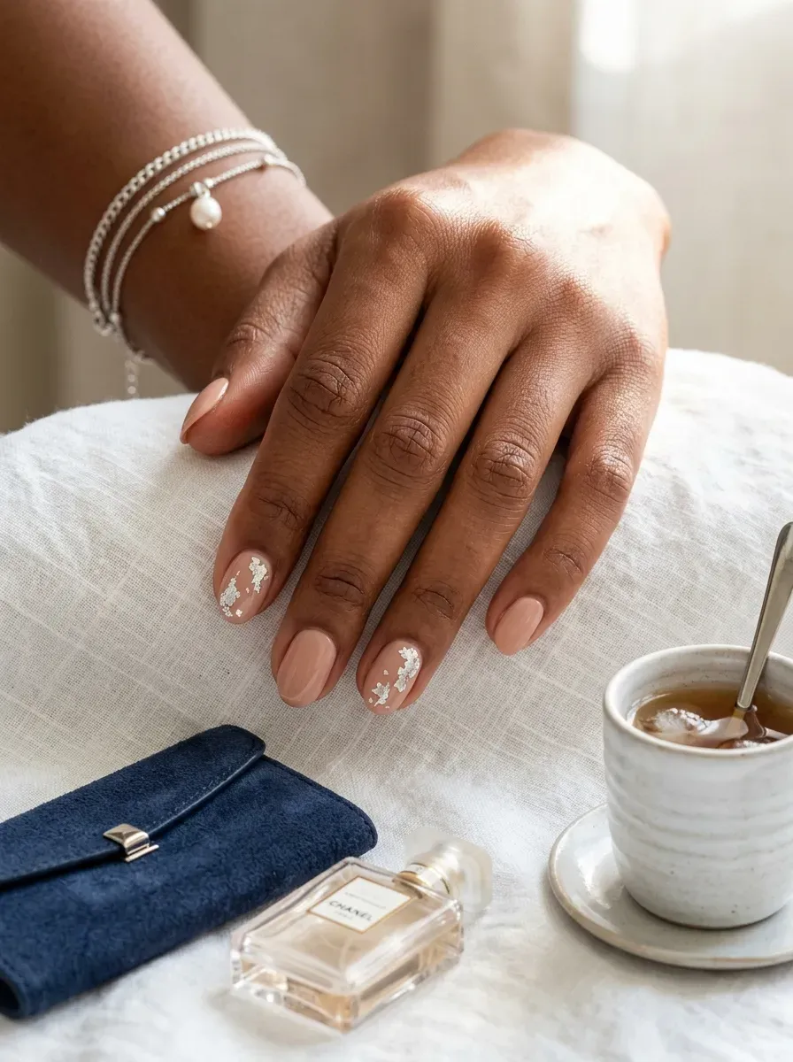 Nude short nails with scattered silver foil on warm brown skin