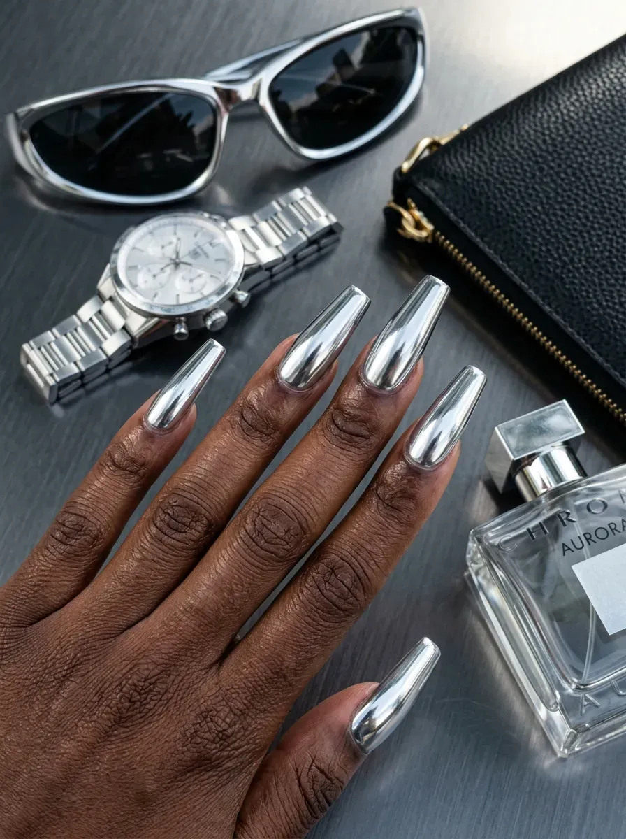 Long silver mirror coffin nails reflecting studio light on dark skin
