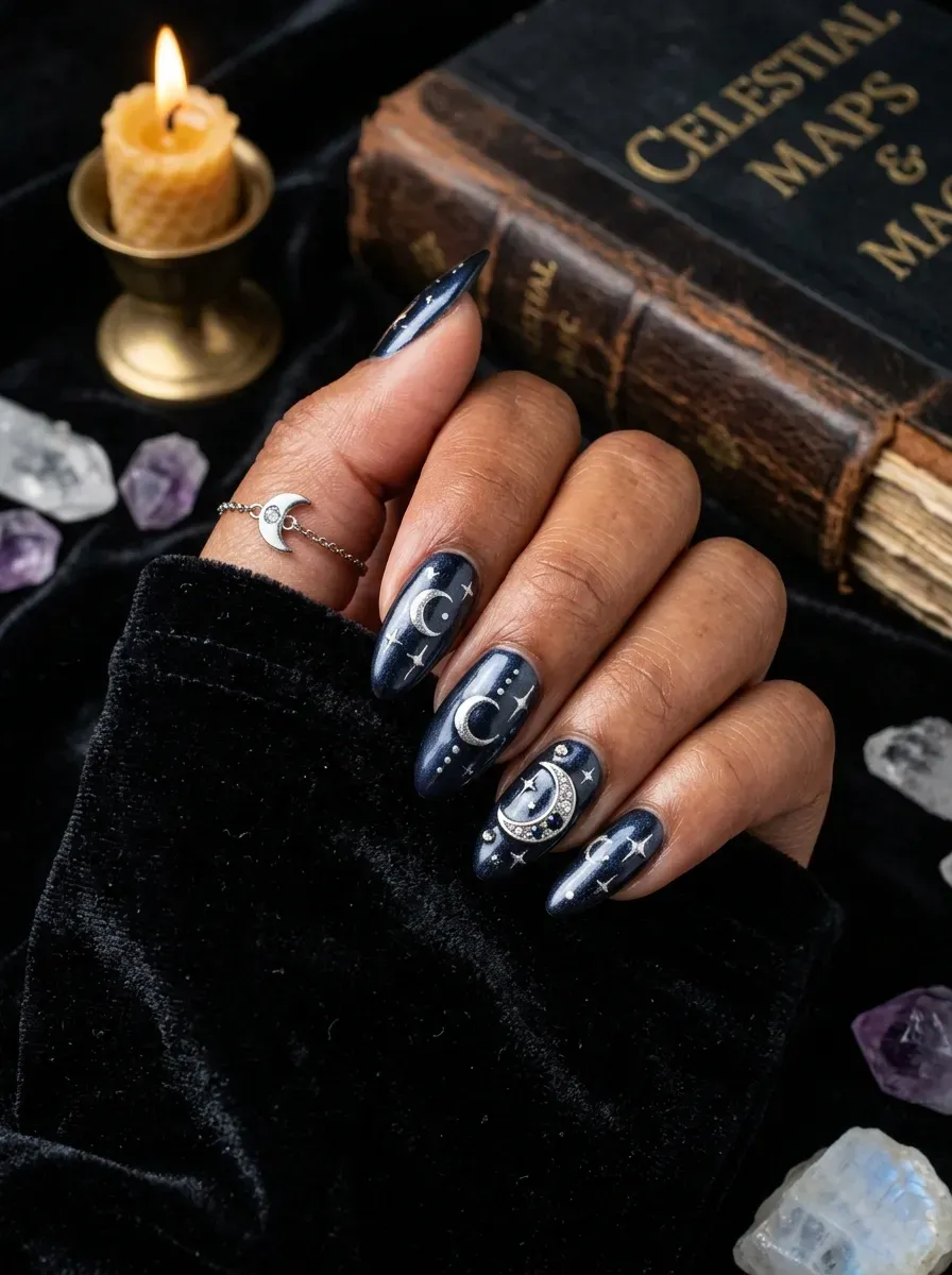 Silver moon themed Halloween nails with celestial details