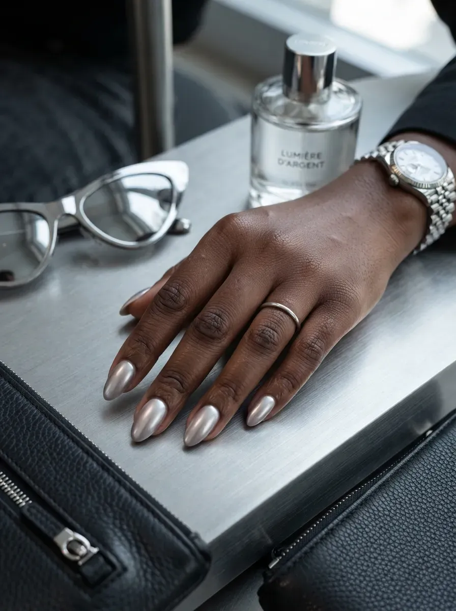 Silver pearl metallic nails on deep brown skin with chrome accessories
