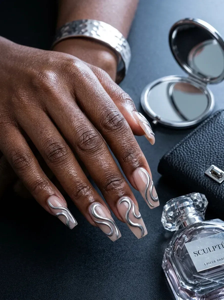 Long coffin nails with raised silver chrome swirls on nude base