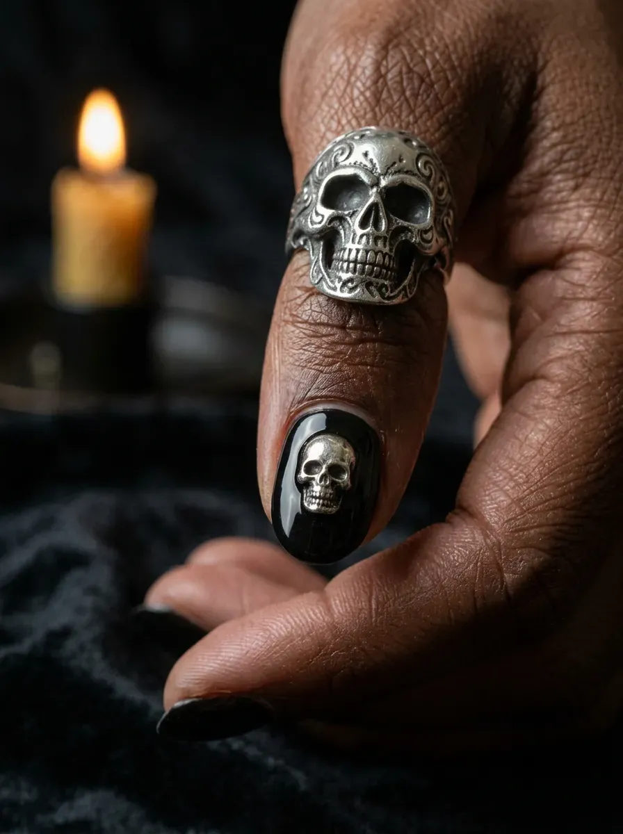 One black accent nail with a small silver skull charm shaped like a ring sealed near the base on deep brown skin
