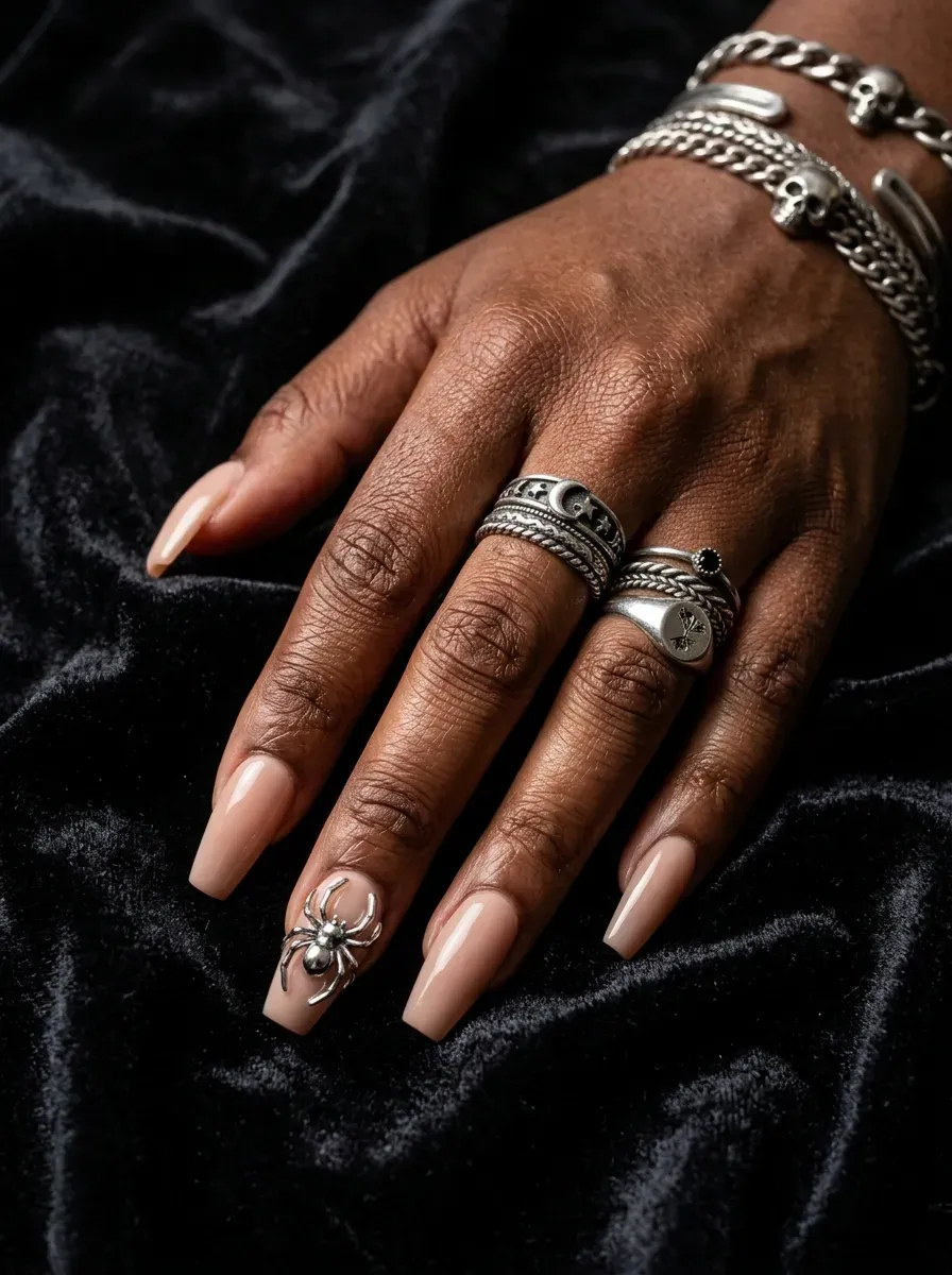 Nude gel nails featuring a raised 3D metallic silver spider accent