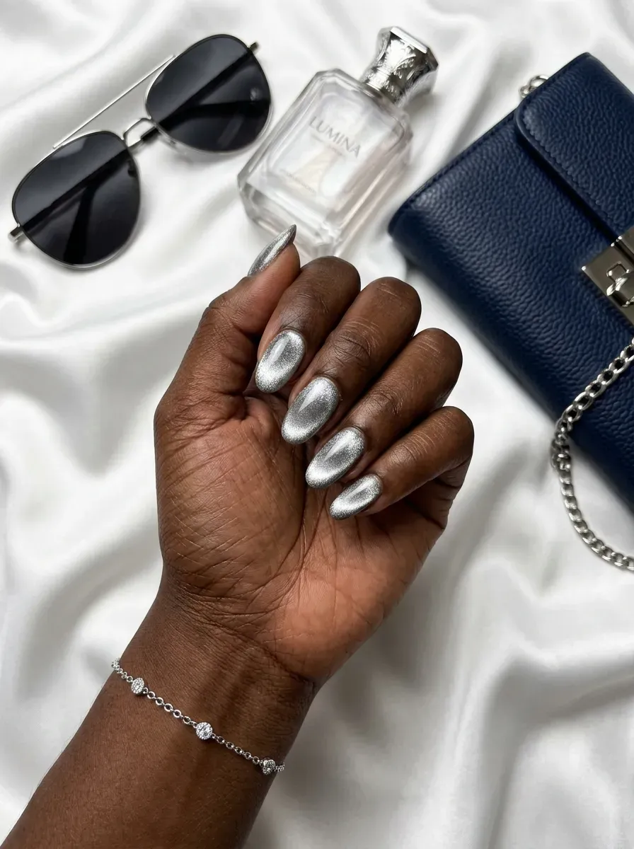 Silver velvet cat-eye nails glowing on deep brown skin with white accessories