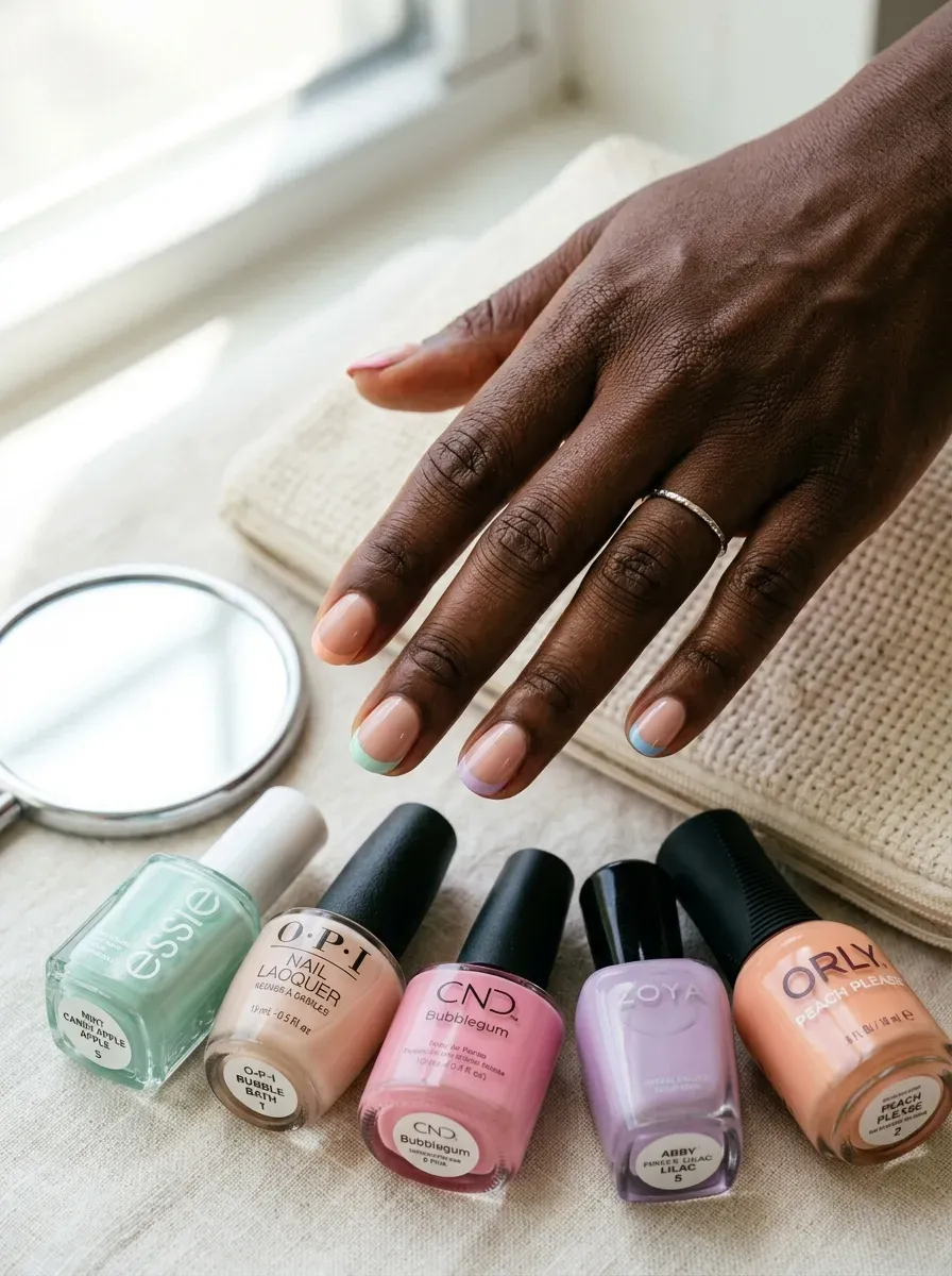 Short nude nails with easy pastel French tips on dark skin